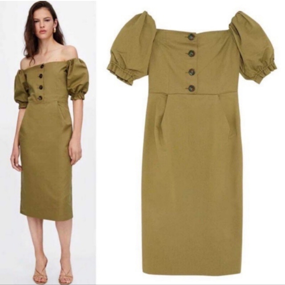 Zara Khaki Off-Shoulder Puff Sleeve Dress - Picture 2 of 8